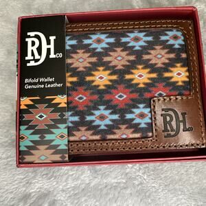 Red Dirt Hat Co Bifold Wallet Leather Southwest Aztec Canvas Inlay Bison Grain